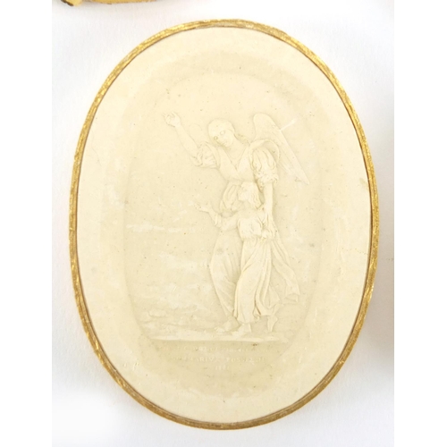 75 - Six 19th century oval plaster plaques, each depicting classical scenes including one of David and Pi... 