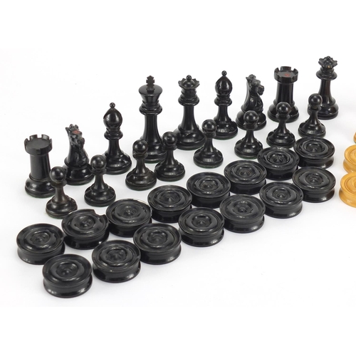 500 - 19th century Jacques boxwood and ebony Staunton chess set and similar draught set, the largest chess... 