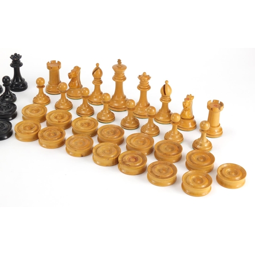 500 - 19th century Jacques boxwood and ebony Staunton chess set and similar draught set, the largest chess... 