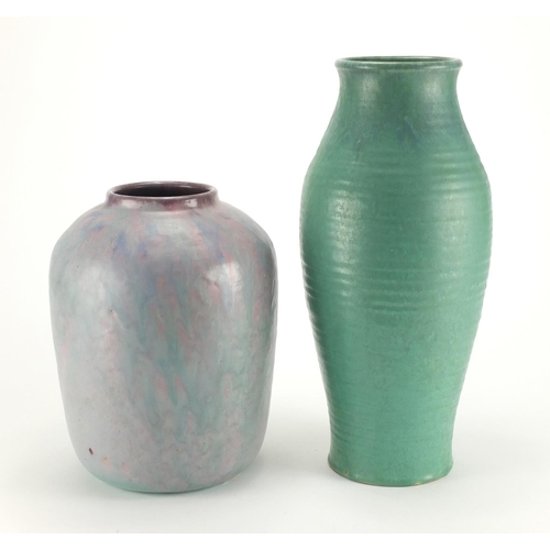 982 - Two large Upchurch pottery vases including one with a mottled purple glaze, each with impressed and ... 