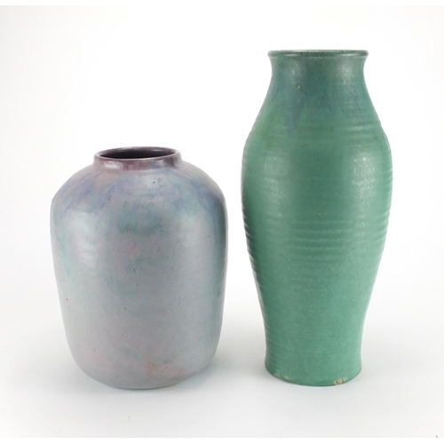 982 - Two large Upchurch pottery vases including one with a mottled purple glaze, each with impressed and ... 