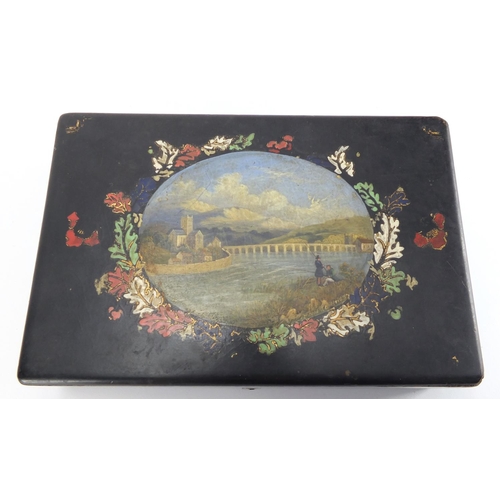 16 - Victorian Papier-mâché lacquered box by Jennens and Bettridge, the hinged lid hand painted with two ... 