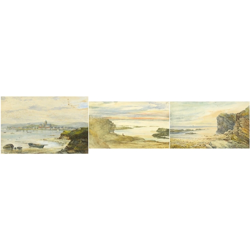 1478 - Alfred Woolnoth - Coastal landscapes with figures and moored boats, three 19th century watercolours,... 