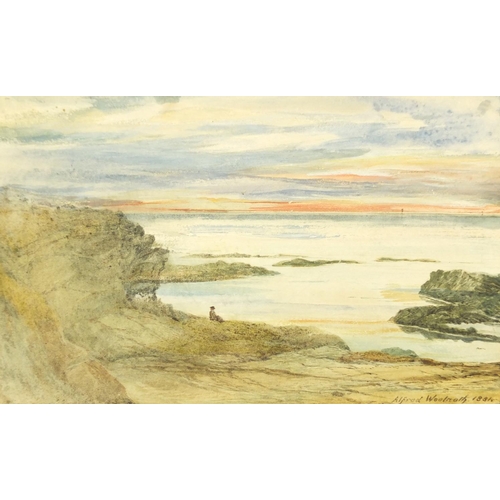 1478 - Alfred Woolnoth - Coastal landscapes with figures and moored boats, three 19th century watercolours,... 