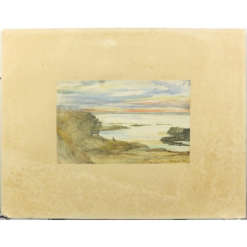 1478 - Alfred Woolnoth - Coastal landscapes with figures and moored boats, three 19th century watercolours,... 