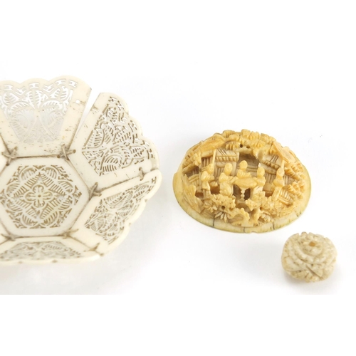 720 - Oriental ivory and bone including a Chinese Canton panel, Japanese Ojime and a hexagonal pierced bon... 