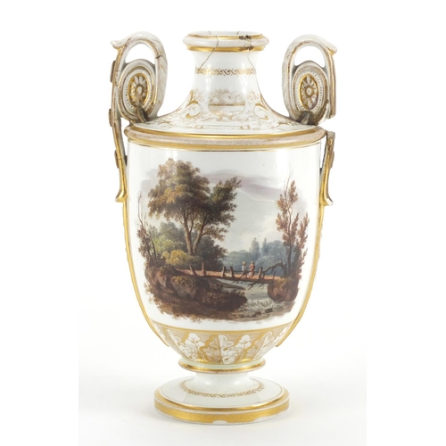 823 - 19th century twin handled gilded porcelain vase, hand painted with pastoral scenes, 18cm high