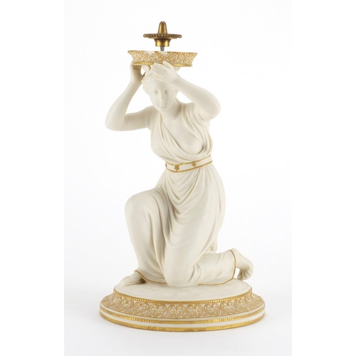 839 - Victorian Parian centre piece in the form of a scantily dressed female, 28cm high