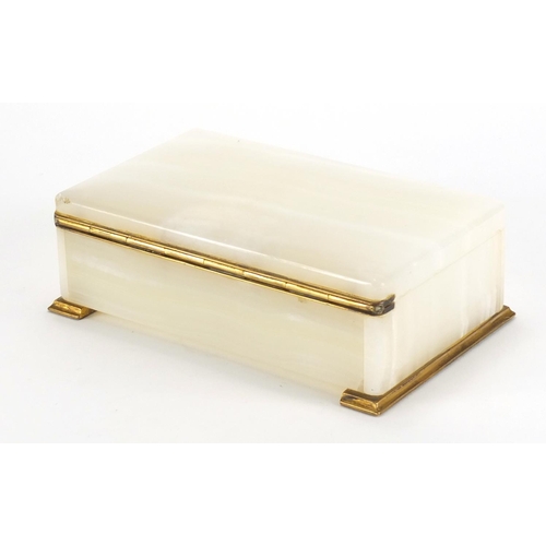 64 - Rectangular Betjemann's Patent white alabaster cigarette box, with gilt metal mounts, the hinge numb... 