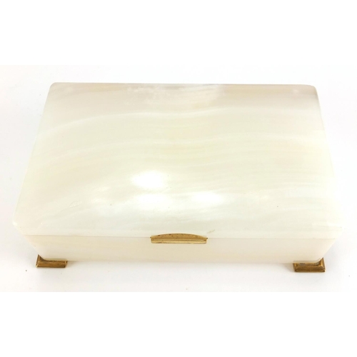 64 - Rectangular Betjemann's Patent white alabaster cigarette box, with gilt metal mounts, the hinge numb... 