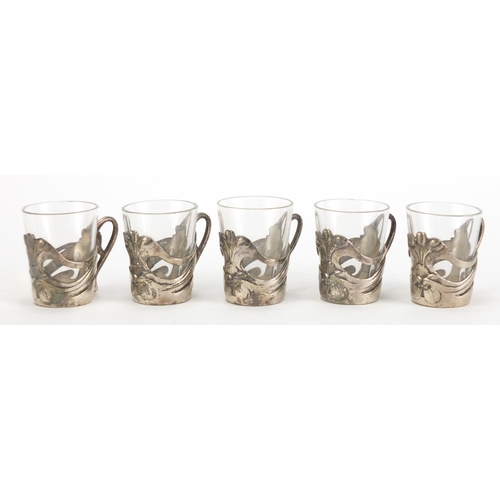 1031 - Set of five French Art Nouveau silver plated liqueur glasses with liners, each with impressed Reevpe... 