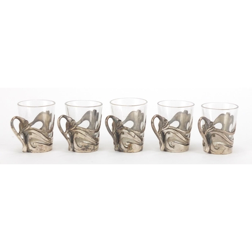 1031 - Set of five French Art Nouveau silver plated liqueur glasses with liners, each with impressed Reevpe... 