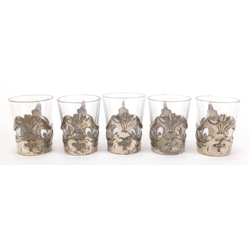 1031 - Set of five French Art Nouveau silver plated liqueur glasses with liners, each with impressed Reevpe... 