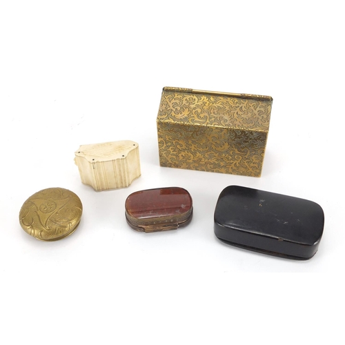 21 - Antique and later snuff boxes and trinkets including moss agate example, circular brass example with... 
