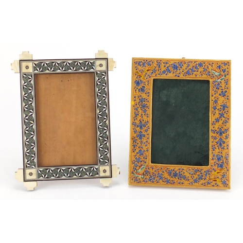 741 - Two Middle Eastern easel photo frames including an example with ivory and micro mosaic inlay, the la... 