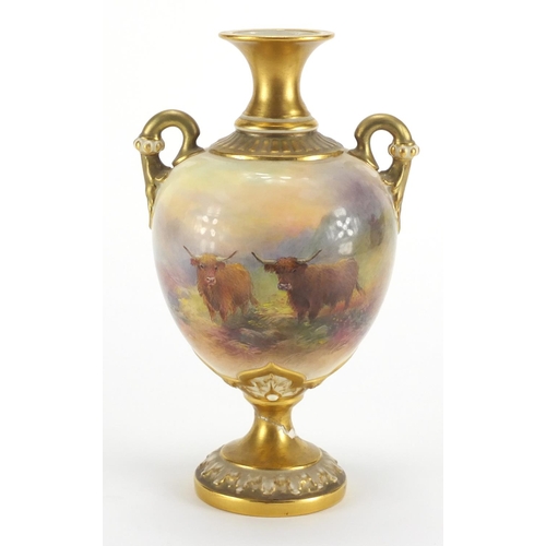 798 - Royal Worcester porcelain vase with twin gilt handles, hand painted with Highland Cattle by Harry St... 