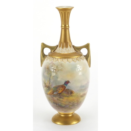 795 - Royal Worcester porcelain vase with twin gilt handles, hand painted with two pheasants by James Stin... 