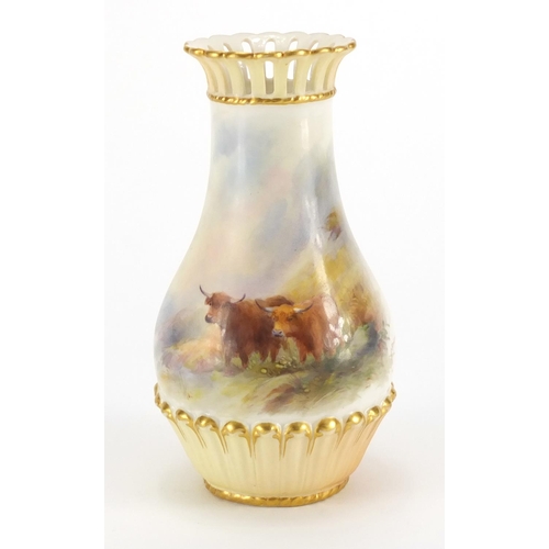 797 - Royal Worcester vase with pierced rim, hand painted with Highland Cattle by Harry Stinton, factory m... 