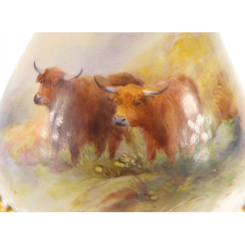 797 - Royal Worcester vase with pierced rim, hand painted with Highland Cattle by Harry Stinton, factory m... 