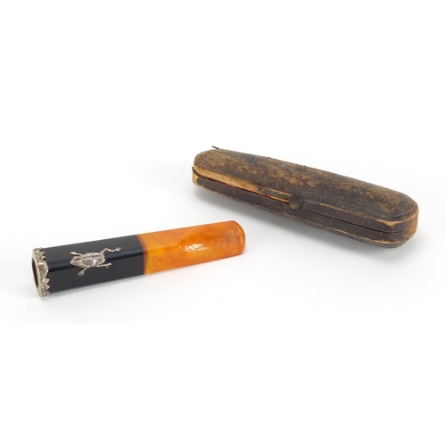 49 - Good quality Art Deco silver mounted cheroot, with butterscotch amber colour mouth piece and applied... 