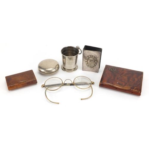 40 - Antique and later objects including a travelling beaker in the form of a pocket watch case, burr snu... 