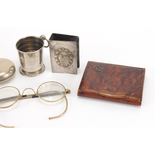 40 - Antique and later objects including a travelling beaker in the form of a pocket watch case, burr snu... 