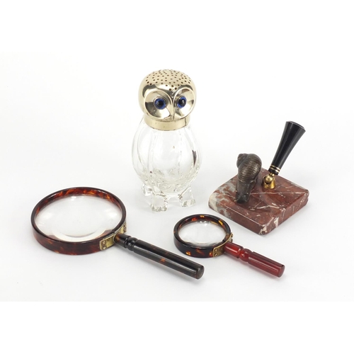 37 - Antique and later objects comprising a novelty owl design sifter with silver plated lid, marble desk... 