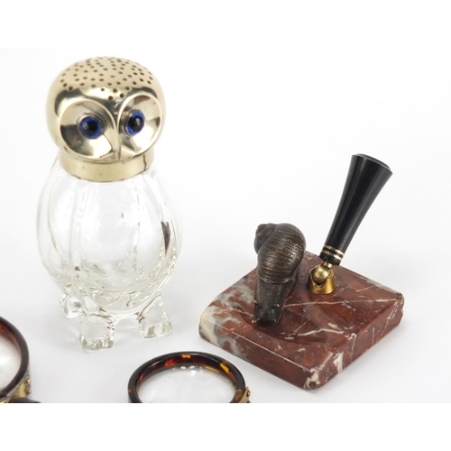 37 - Antique and later objects comprising a novelty owl design sifter with silver plated lid, marble desk... 
