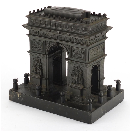 87 - 19th century Grand Tour patinated bronze model of Arc de Triomphe on rectangular black slate base, 2... 