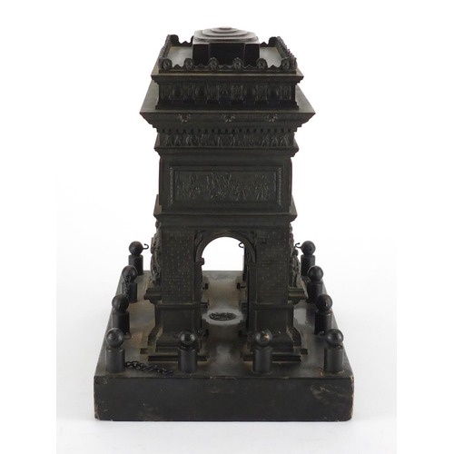 87 - 19th century Grand Tour patinated bronze model of Arc de Triomphe on rectangular black slate base, 2... 