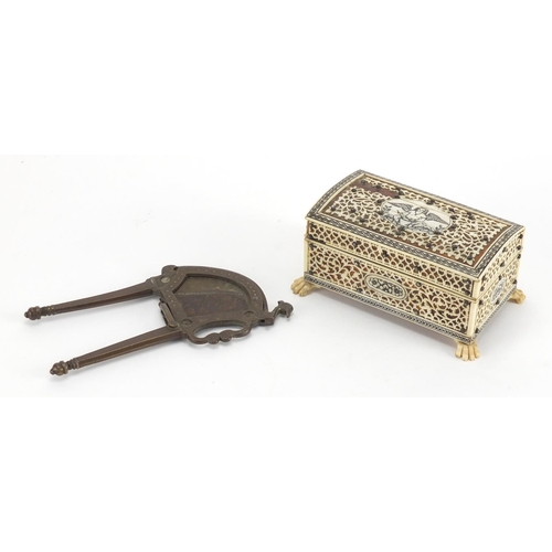 739 - Vizagapatam ivory, blonde tortoiseshell and sandalwood casket, together with a pair of Indian brass ... 