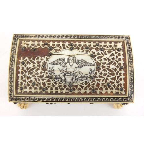 739 - Vizagapatam ivory, blonde tortoiseshell and sandalwood casket, together with a pair of Indian brass ... 