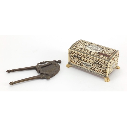 739 - Vizagapatam ivory, blonde tortoiseshell and sandalwood casket, together with a pair of Indian brass ... 