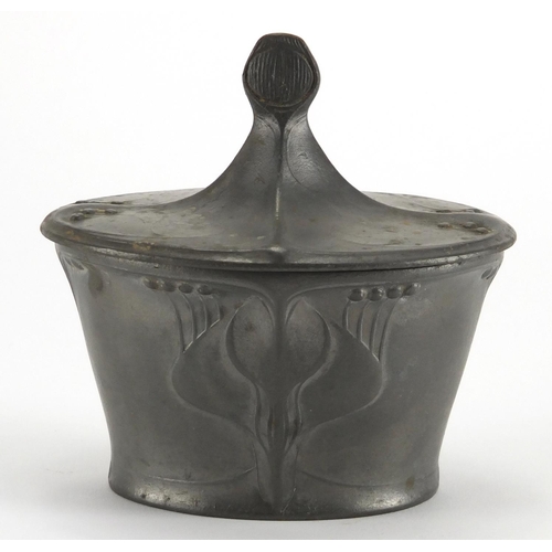 1029 - German Art Nouveau pewter pot and cover by Kayserzinn, with stylised floral motifs, factory marks an... 