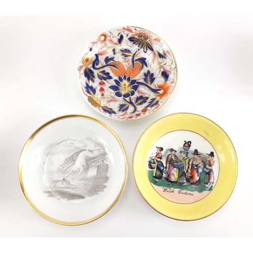831 - 19th century teawares including a Bat printed coffee can and saucer, Welsh Ladies tea cup and saucer... 