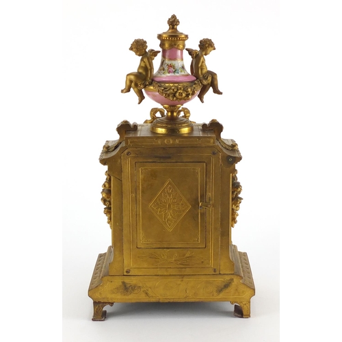 1257 - 19th century French gilt metal mantel clock, with pink Sèvres style porcelain panels, hand painted w... 