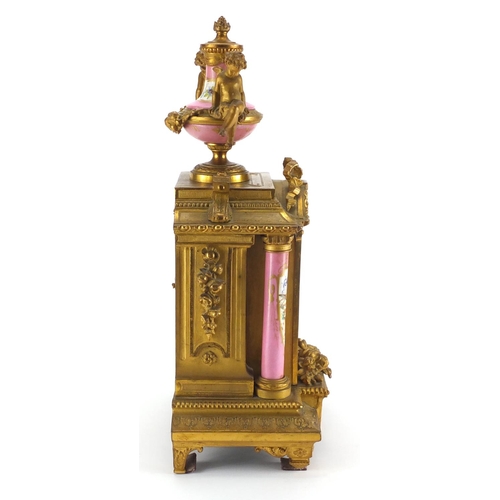 1257 - 19th century French gilt metal mantel clock, with pink Sèvres style porcelain panels, hand painted w... 