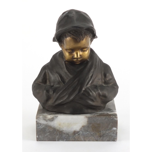 1010 - Giovanni De Martino - Patinated bronze bust of a young boy, raised on a rectangular marble base, inc... 