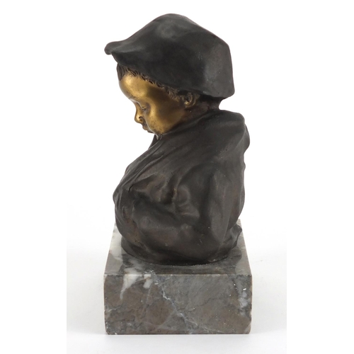 1010 - Giovanni De Martino - Patinated bronze bust of a young boy, raised on a rectangular marble base, inc... 