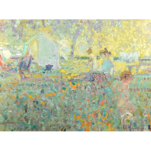 1302 - Arthur Karl Maderson - Dordogne, camping late afternoon, oil on board, inscribed verso, mounted and ... 