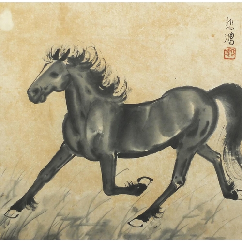 732 - Chinese ink and watercolour, depicting a horse, with character marks and red seal marks, Stacy Mark ... 