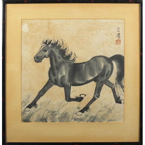 732 - Chinese ink and watercolour, depicting a horse, with character marks and red seal marks, Stacy Mark ... 