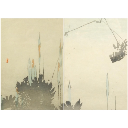 736 - Seiti Shotei Watanabe - Green Pods, pair of Japanese woodblock prints, Liberty's receipt verso, moun... 