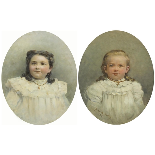 1511 - Two young girls in Christening gowns, pair of Victorian mixed medias, mounted and framed, each 33cm ... 
