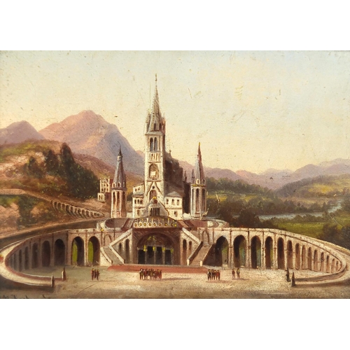 1317 - Continental castle with viaduct and figures, 19th century oil on wood panel, bearing an indistinct s... 