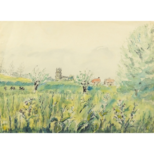 1500 - After Paul Maze - Landscape with a Cathedral in the distance, ink and watercolour, mounted and frame... 