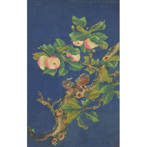 724 - Chinese wall hanging scroll hand painted with two birds and peaches, with red seal marks, 62.5cm x 3... 