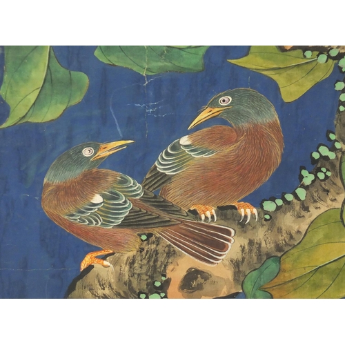 724 - Chinese wall hanging scroll hand painted with two birds and peaches, with red seal marks, 62.5cm x 3... 