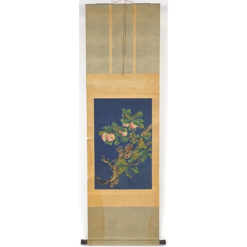 724 - Chinese wall hanging scroll hand painted with two birds and peaches, with red seal marks, 62.5cm x 3... 