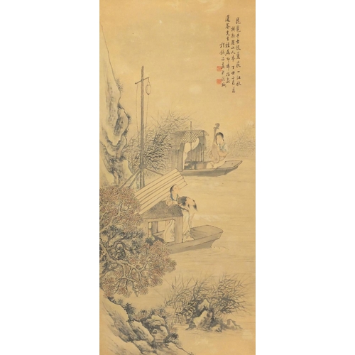 723 - Chinese wall hanging scroll, hand painted with three figures in boats, with character marks and red ... 